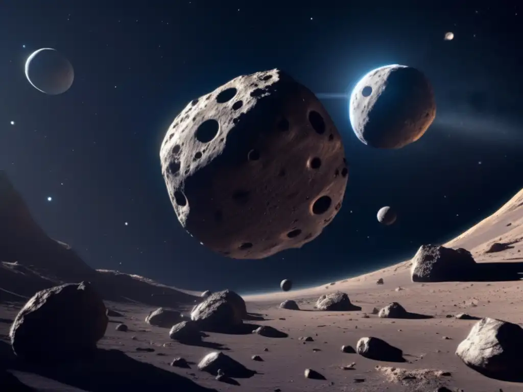 Estación espacial futurista y asteroide en el espacio profundo Estación espacial futurista orbitando asteroide en el espacio profundo