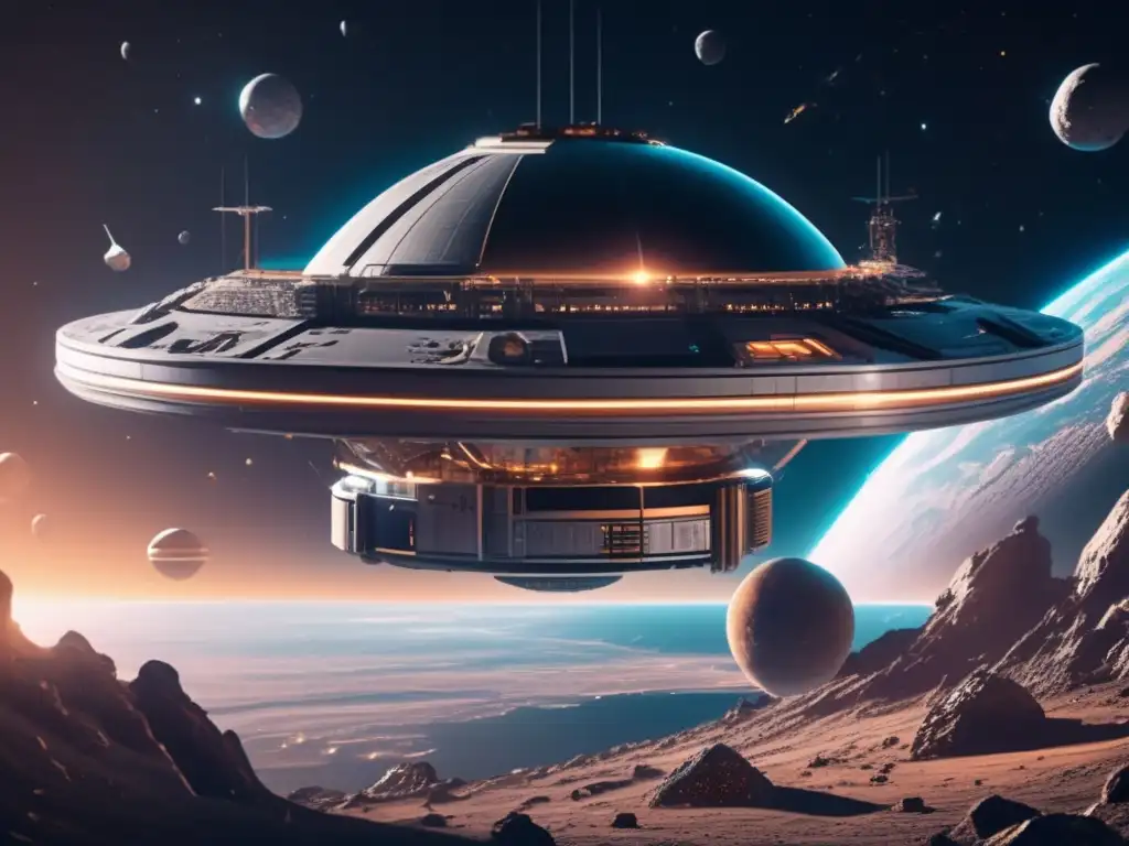 Estación espacial y asteroide en el espacio Estación espacial futurista orbitando asteroide: Financiamiento internacional carrera asteroides