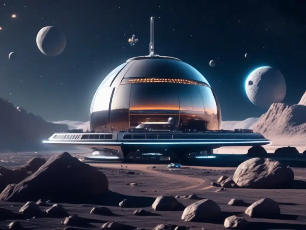 Estación espacial futurista en asteroide Estación espacial futurista y asteroide, exploración humana con asteroides
