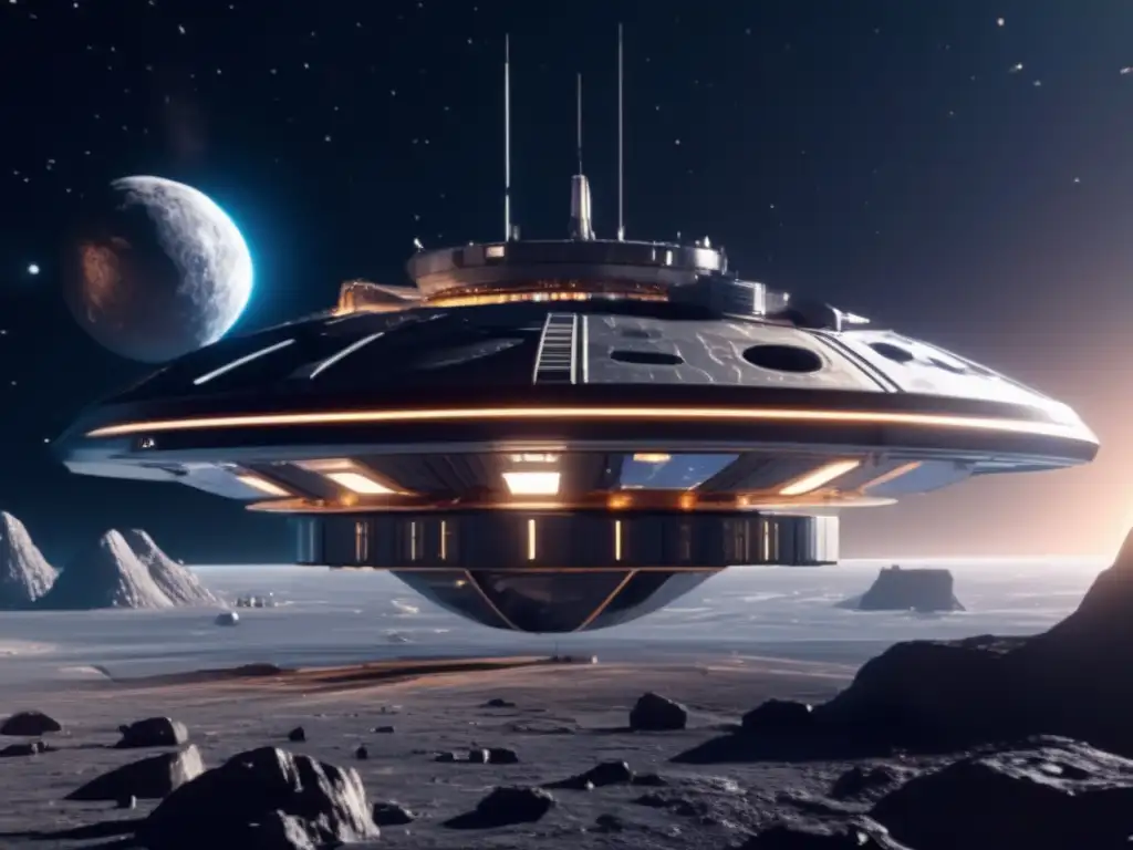 Estación espacial futurista orbitando asteroide Estación espacial futurista y asteroide con infraestructura para minería