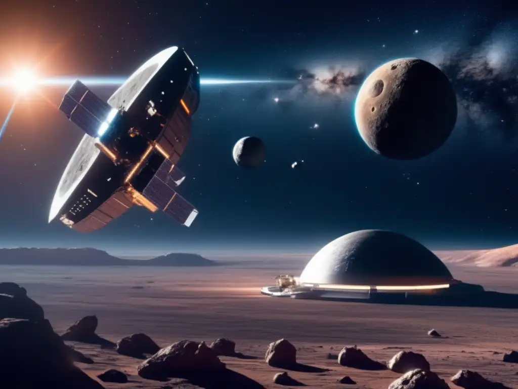 Estación espacial futurista junto a asteroide Estación espacial futurista y asteroide magnífico, con tecnologías para cosechar agua de asteroides