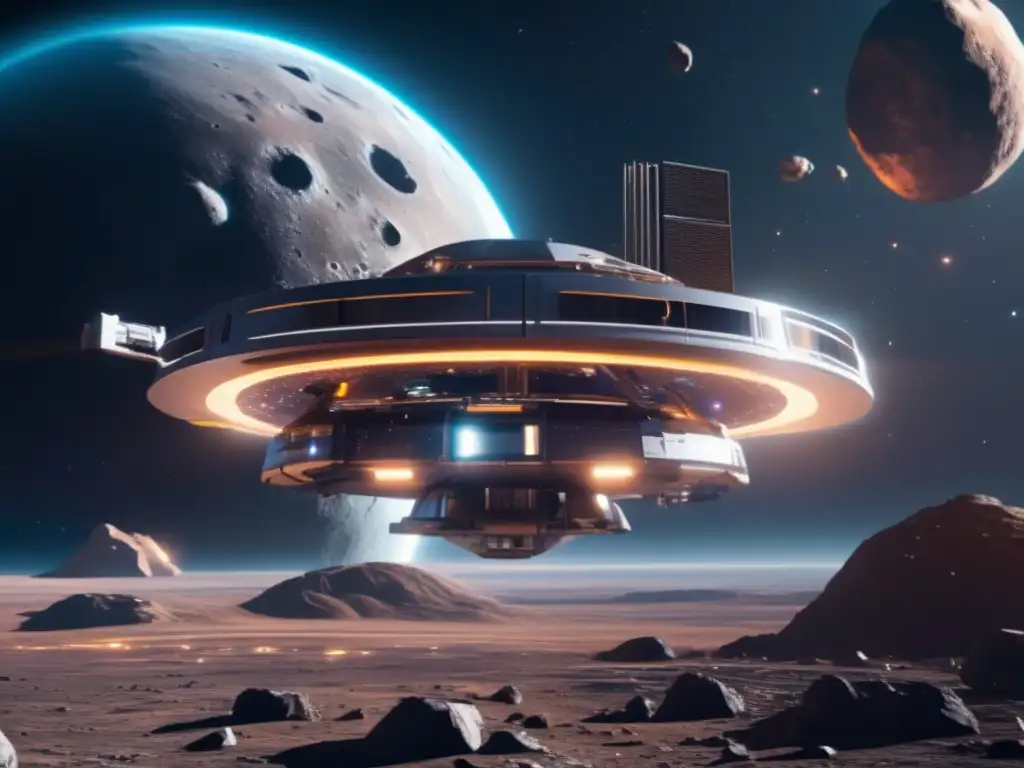 Estación espacial futurista en asteroide Estación espacial futurista y asteroide metálico en vibrantes tonos