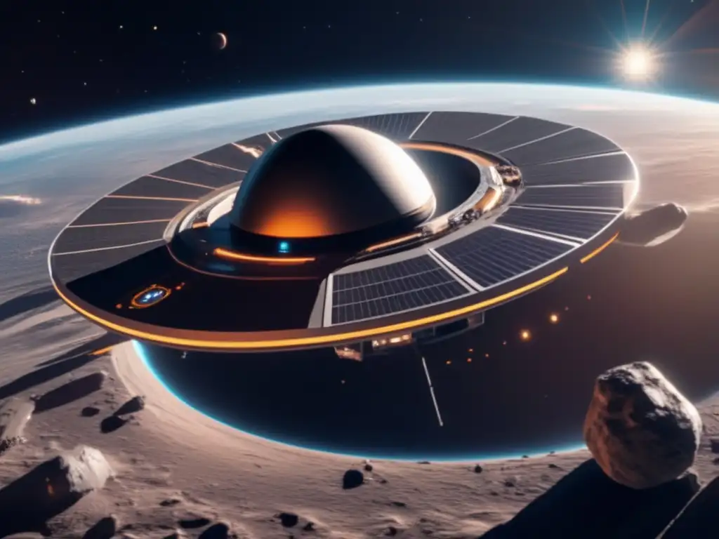 Estación espacial futurista orbitando asteroide Estación espacial futurista orbitando asteroide, minas de asteroides y regulaciones de propiedad