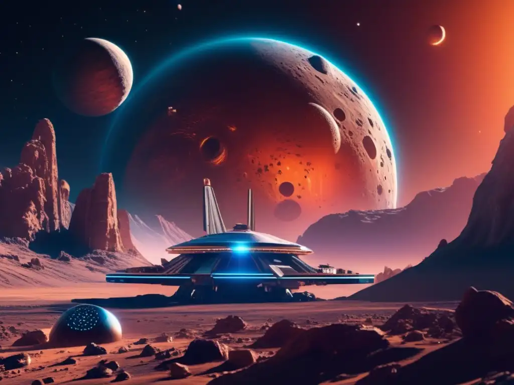 Estación espacial futurista y asteroide en el espacio Estación espacial futurista en un asteroide, minería avanzada y leyes internacionales (110 caracteres)