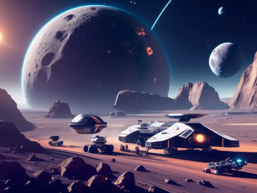 Estación espacial futurista en asteroide Estación espacial futurista orbitando asteroide, con mineros robóticos y naves espaciales