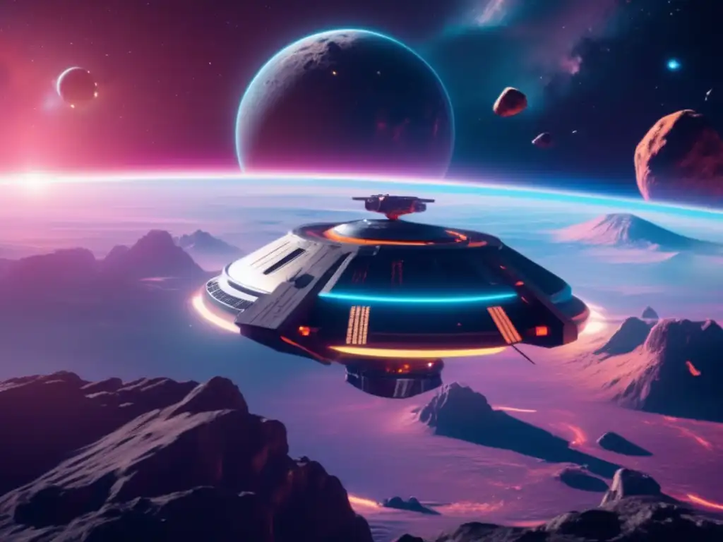 Futurista estación espacial orbitando asteroide Estación espacial futurista en asteroide con nebulosa de fondo - Exploración y explotación de asteroides