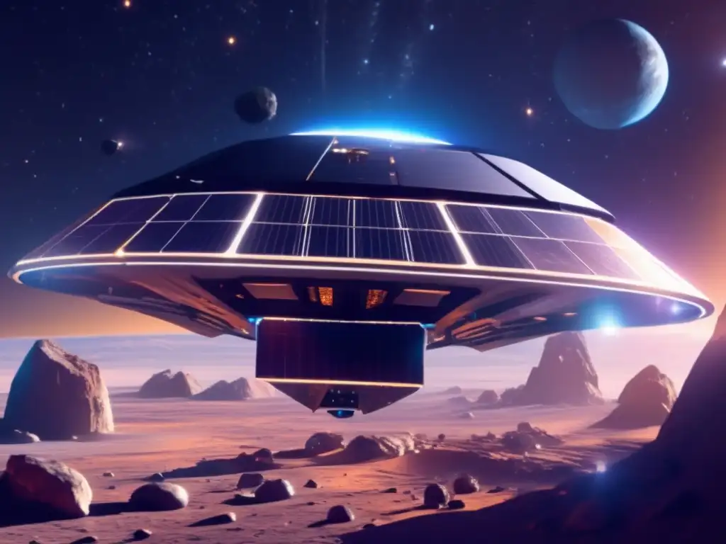 Estación espacial futurista alrededor de asteroide, con paneles solares brillantes