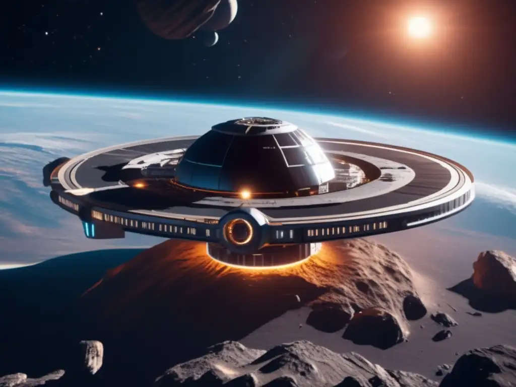 Estación espacial futurista y asteroide, muestra potencial de minería de asteroides y su influencia en relaciones comerciales