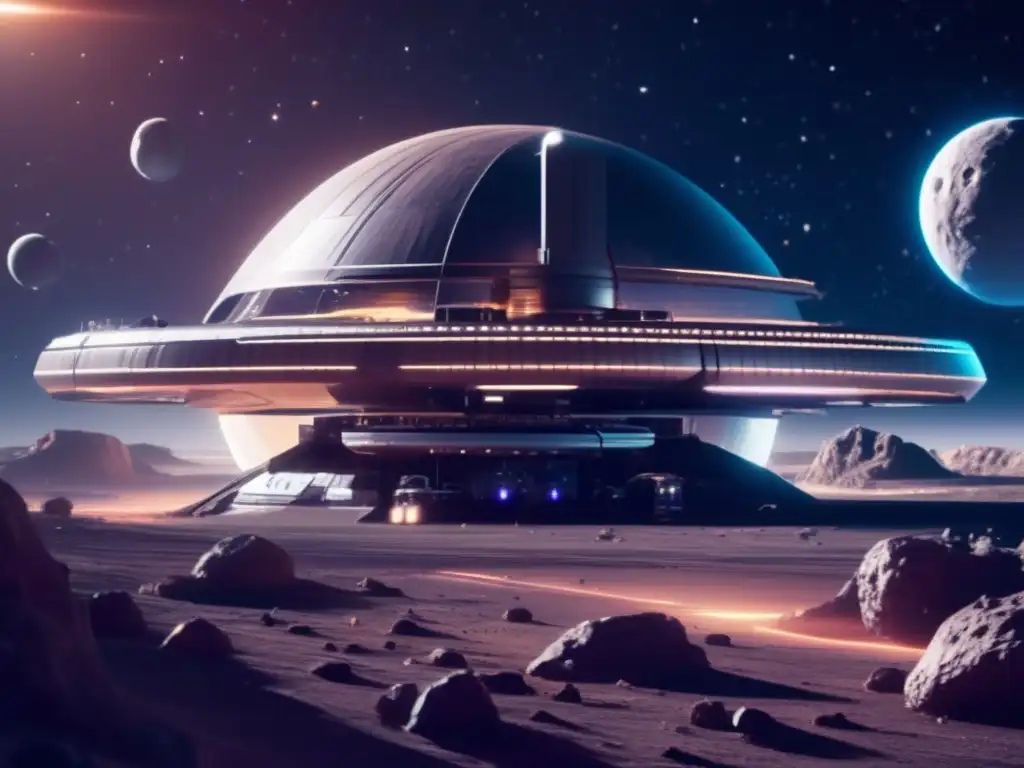 Estación espacial futurista en asteroide, minando recursos y explorando el espacio - Beneficios de la explotación de asteroides