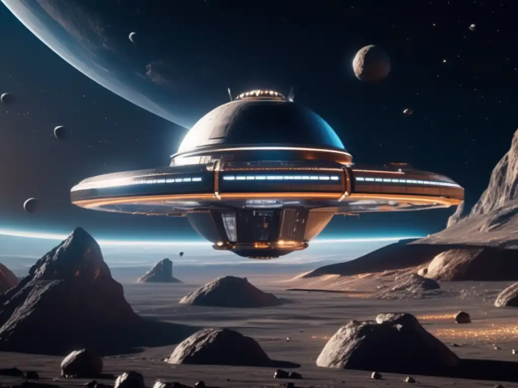 Estación espacial futurista y asteroide con explotación de recursos en asteroides