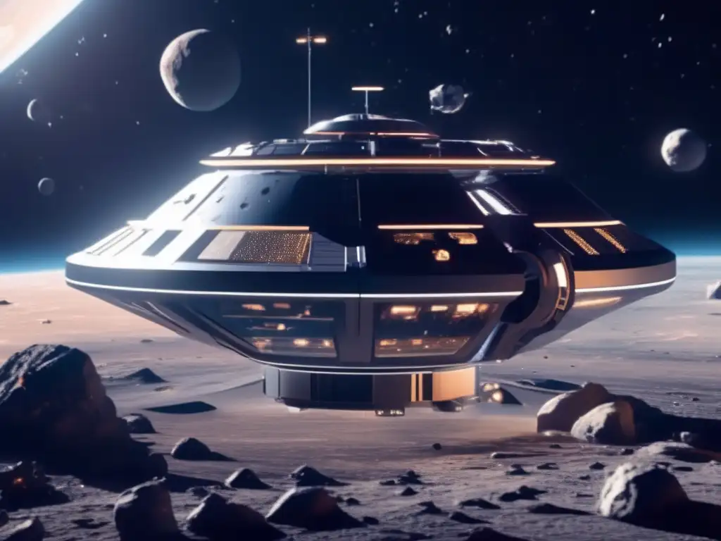 Estación espacial futurista en asteroide Estación espacial futurista y asteroide para regeneración