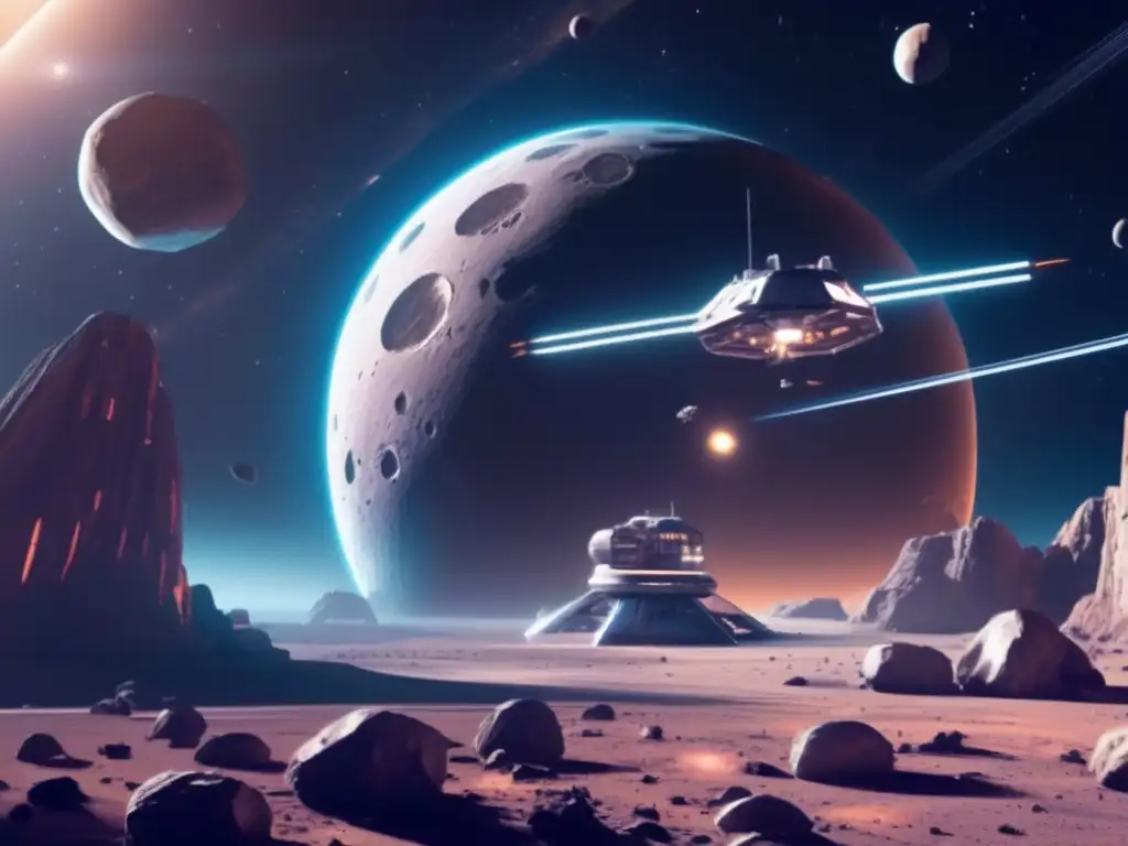 Estación espacial futurista orbitando asteroide: Innovación tecnológica asteroides defensa planetaria