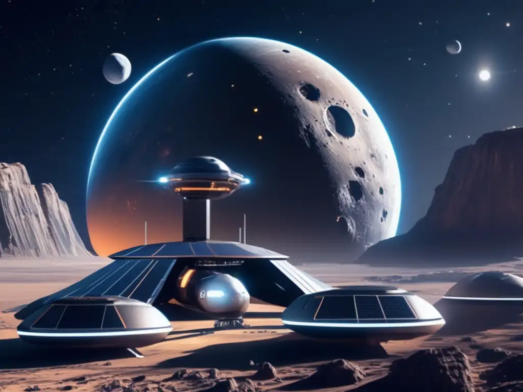 Estación espacial futurista orbitando asteroide Estación espacial futurista y asteroide: Tratado Espacio Exterior asteroides: derechos y restricciones