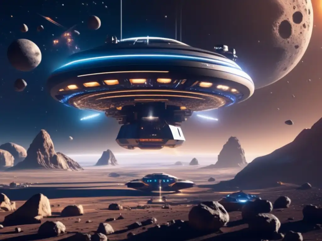Estación espacial futurista y asteroides Min
