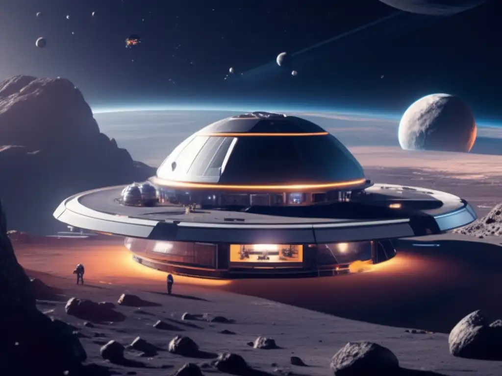 Futurística estación espacial en asteroide Estación espacial futurista y asteroides: exploración y explotación