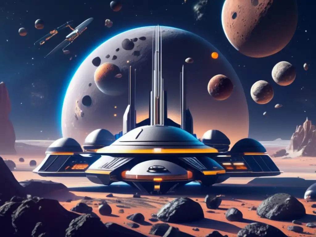 Estación espacial futurista rodeada de asteroides Estación espacial futurista y asteroides: Legislación Espacial Asteroides