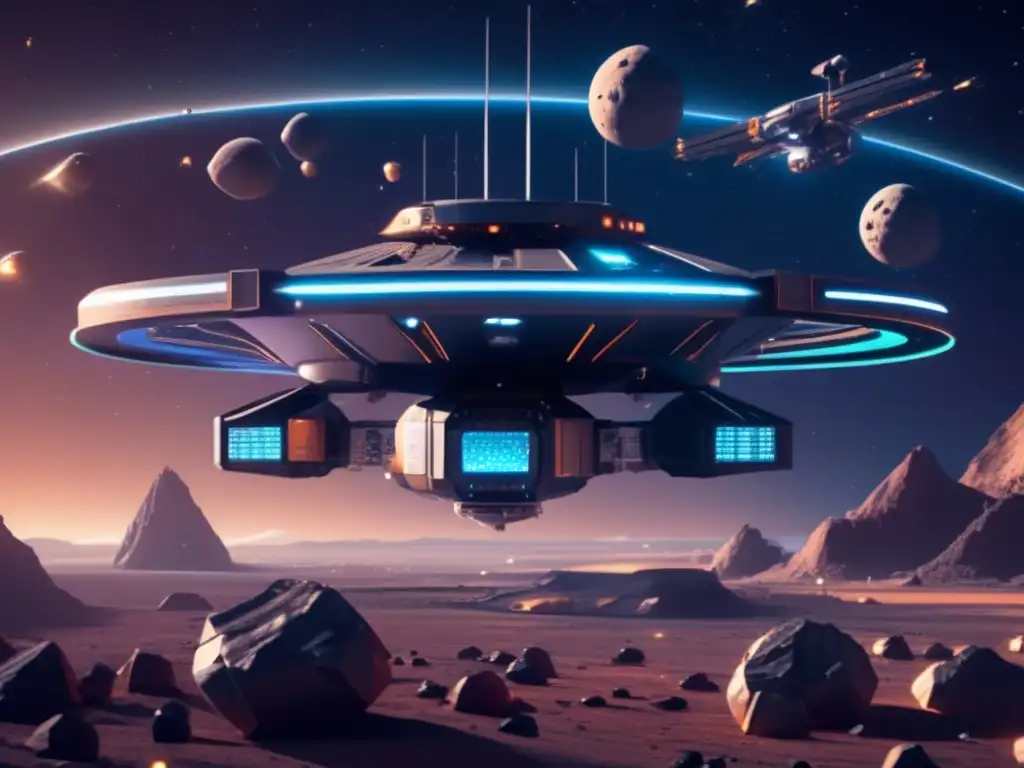 Estación espacial futurista en asteroides Estación espacial futurista entre asteroides, muestra ética de la minería con drones y tecnología avanzada