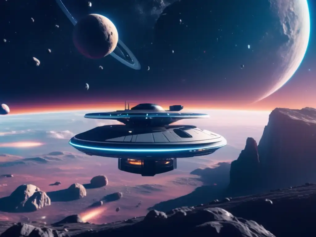 Estación espacial futurista flotando cerca de un cinturón de asteroides Estación espacial futurista y asteroides en la jurisdicción lunar