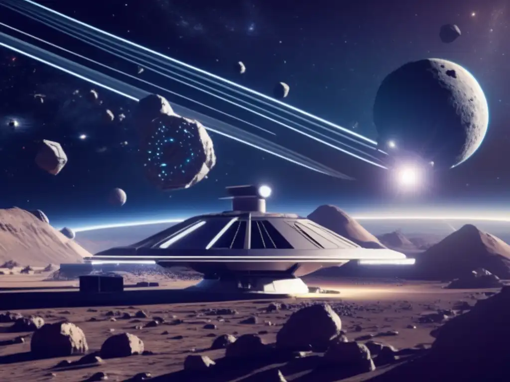 Estación espacial futurista en campo de asteroides Estación espacial futurista y asteroides para minería espacial