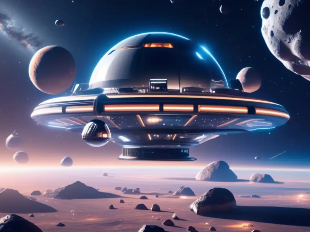 Estación espacial futurista orbitando asteroides: Participación empresas economía espacial