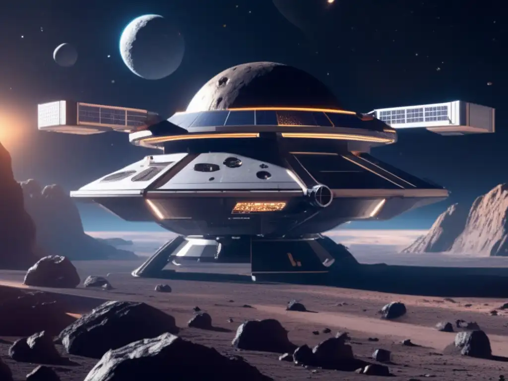 Estación espacial futurista orbitando asteroide Estación espacial futurista y asteroides: potencias mundiales en exploración