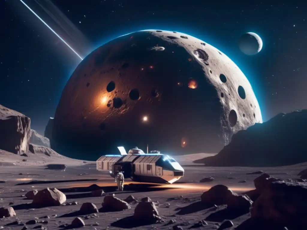 Estación espacial futurista y asteroide con científicos Estación espacial futurista y asteroides: Extracción de recursos con microorganismos