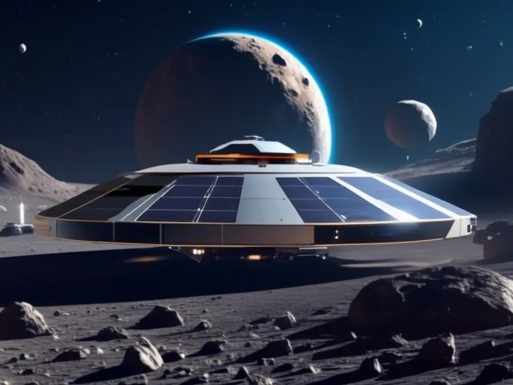 Estación espacial futurista y asteroide en el espacio Estación espacial futurista y asteroides: Exploración sostenida mediante fusión nuclear