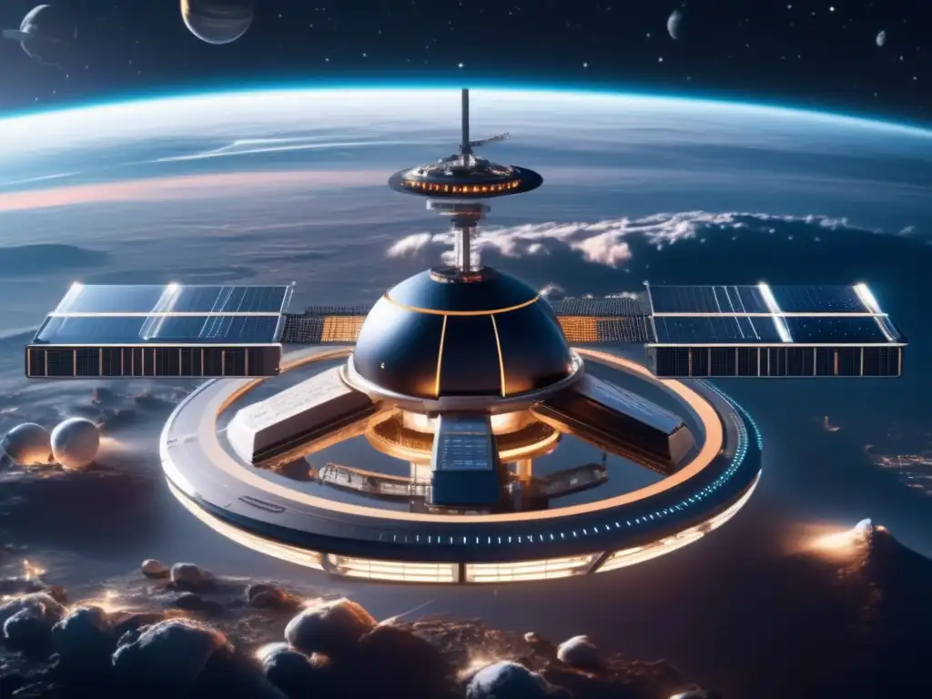 Estación espacial futurista protegiendo la Tierra Estación espacial futurista protección contra asteroides en la Tierra