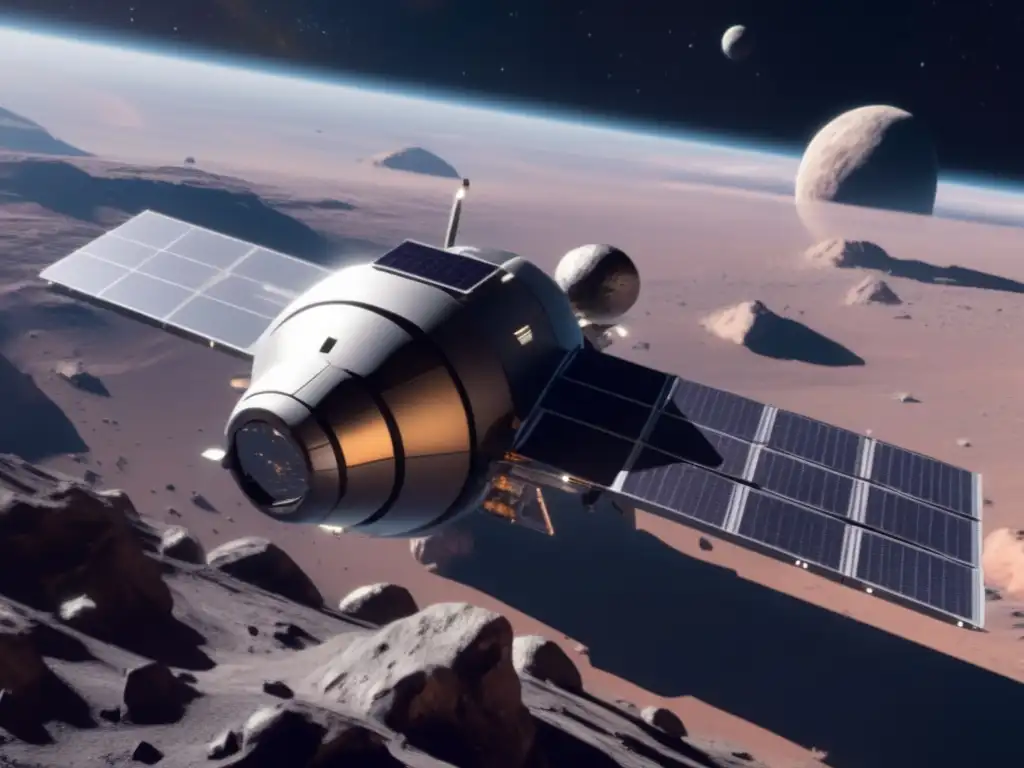 Estación espacial futurista en asteroide Estación espacial futurista y astronautas explorando asteroides como recursos