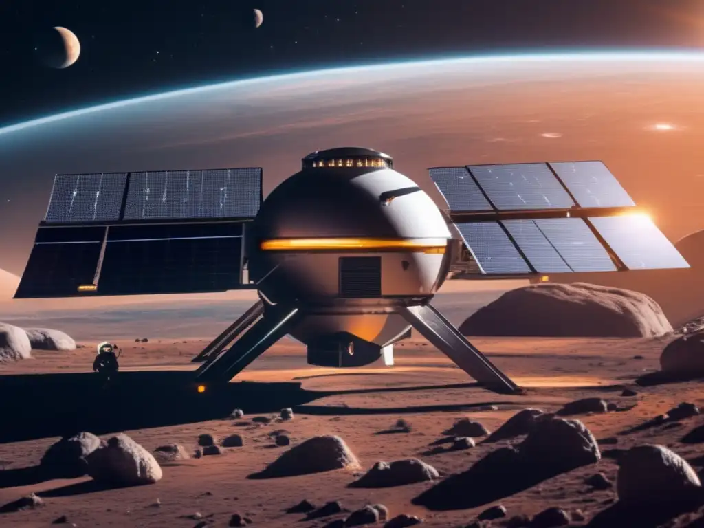 Estación espacial futurista y energía solar Estación espacial futurista y astronautas explorando asteroides como recursos