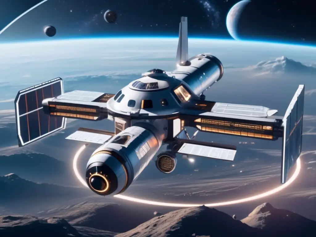Estación espacial futurista, astronautas realizando extracción de asteroides