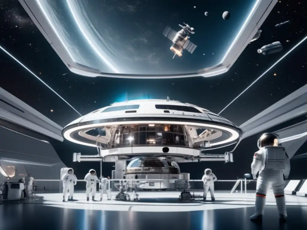 Estación espacial futurista, astronautas en microgravedad realizando técnicas de extracción