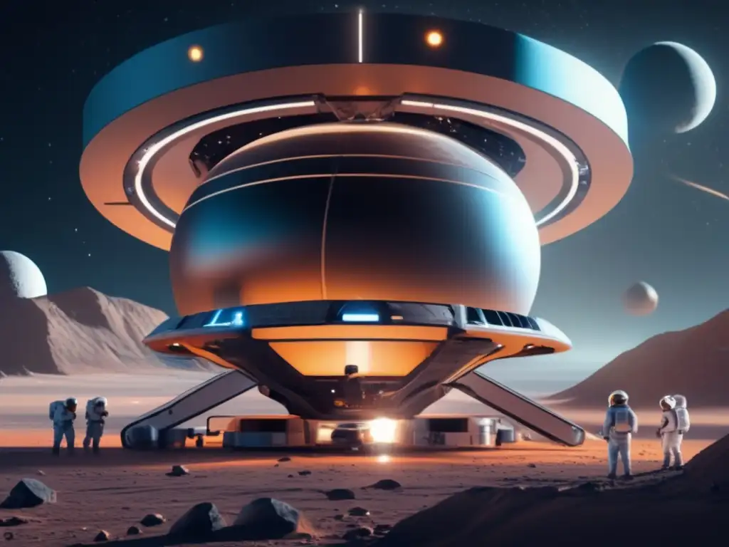 Estación espacial futurista y astronautas procesando minerales Estación espacial futurista con astronautas procesando y refinando minerales extraterrestres