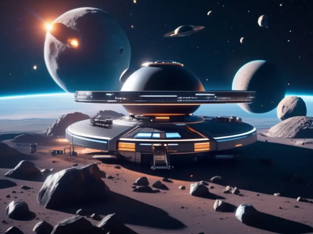 Estación espacial futurista y astronautas realizando minería en asteroides - Diplomacia ante impactos de asteroides