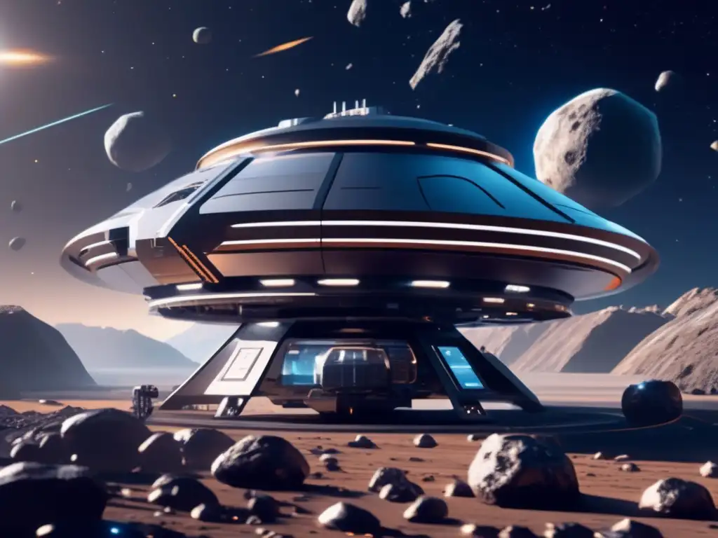 Estación espacial futurista en campo de asteroides: extracción sostenible recursos asteroides