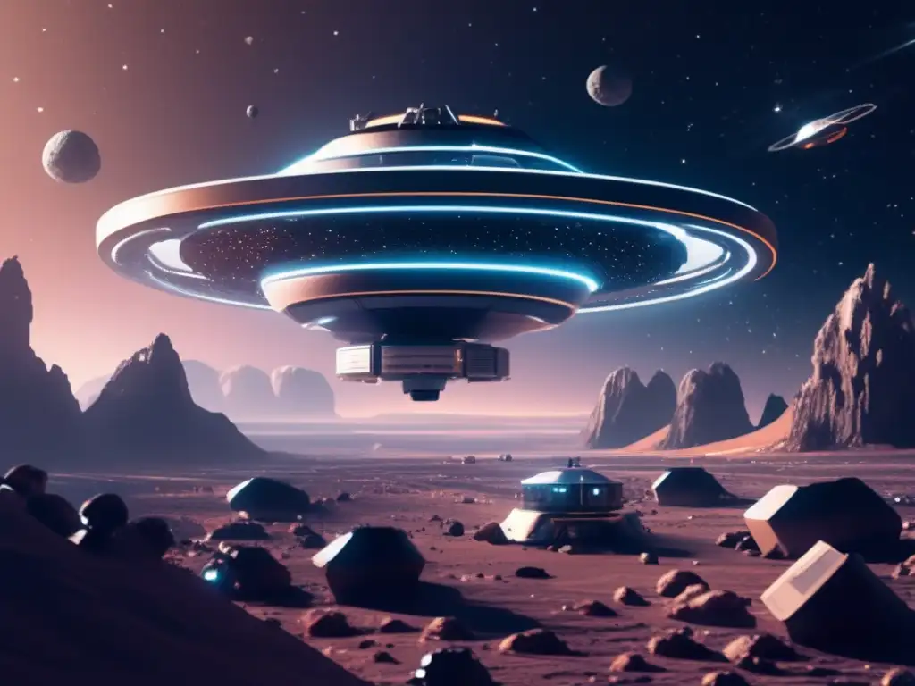 Estación espacial futurista en campo de asteroides Estación espacial futurista en campo de asteroides, astronautas investigando - Videojuegos de caza de asteroides espaciales