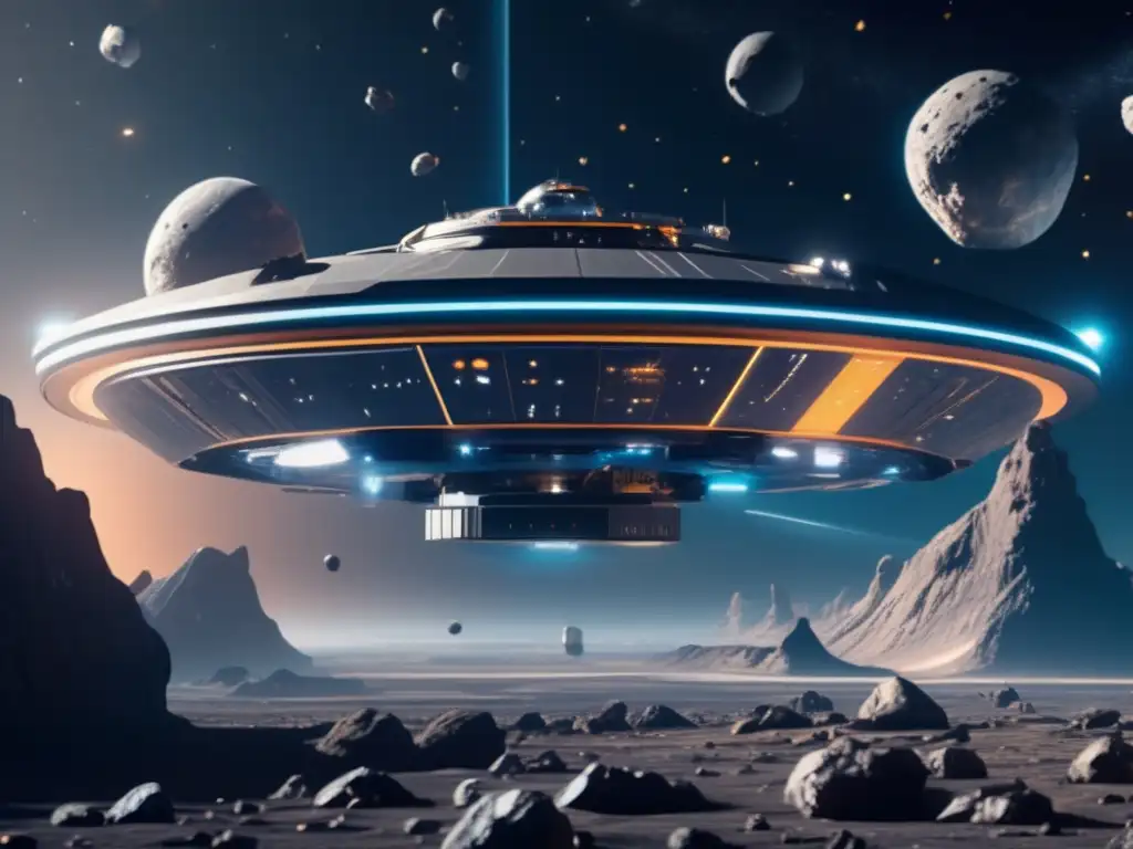 Estación espacial futurista en campo de asteroides: Beneficios económicos extracción asteroides