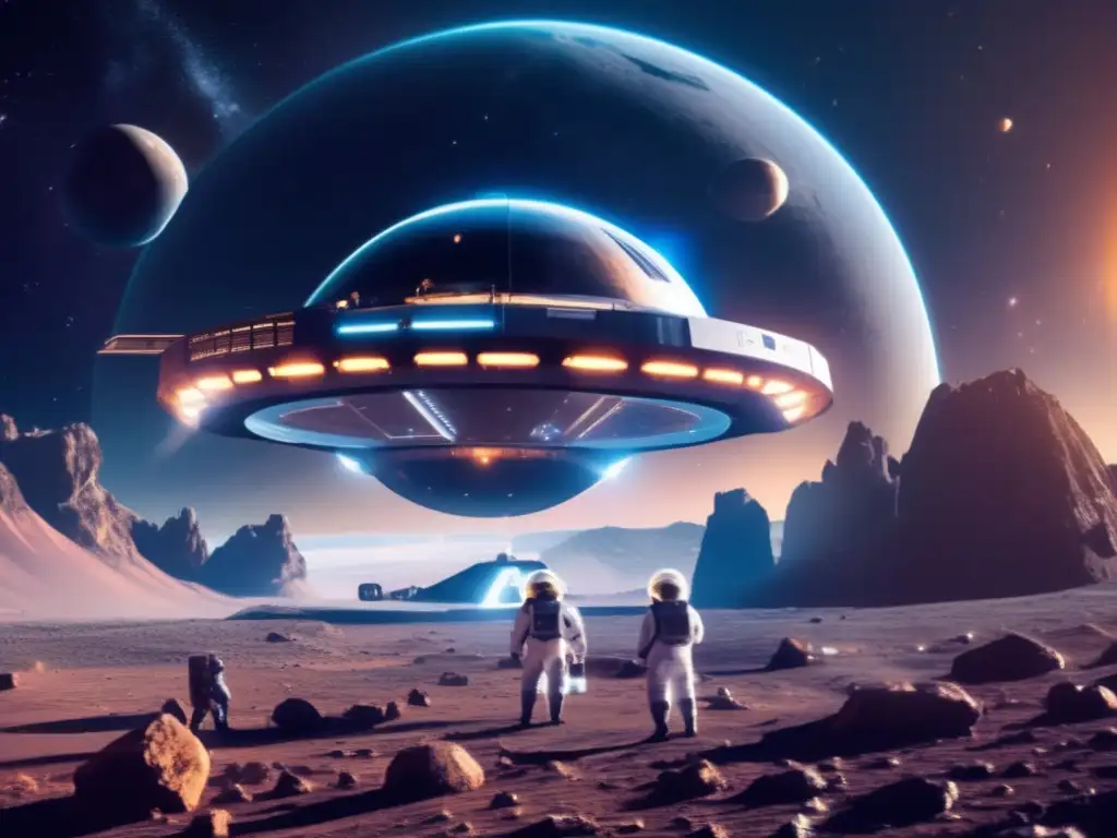 Estación espacial futurista en asteroide Estación espacial futurista y científicos extraen recursos en asteroide mediante microorganismos
