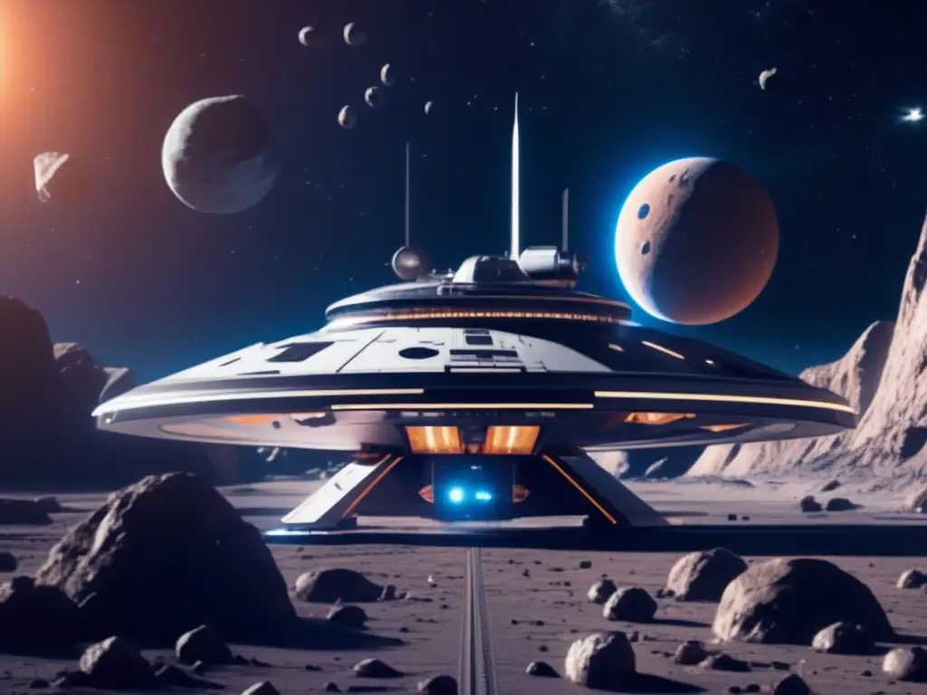 Estación espacial futurista rodeada de asteroides Estación espacial futurista en cinturón de asteroides con tecnología avanzada y paneles solares