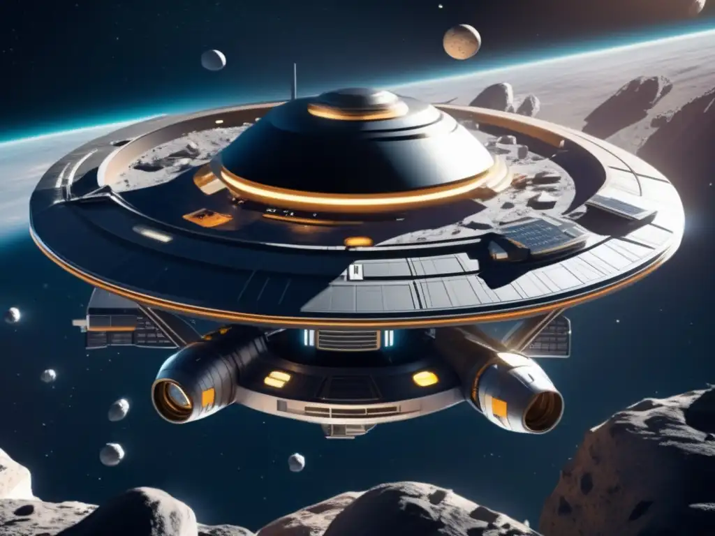 Estación espacial futurista en el cinturón de asteroides Estación espacial futurista en cinturón de asteroides con empresas tecnológicas (110 caracteres)
