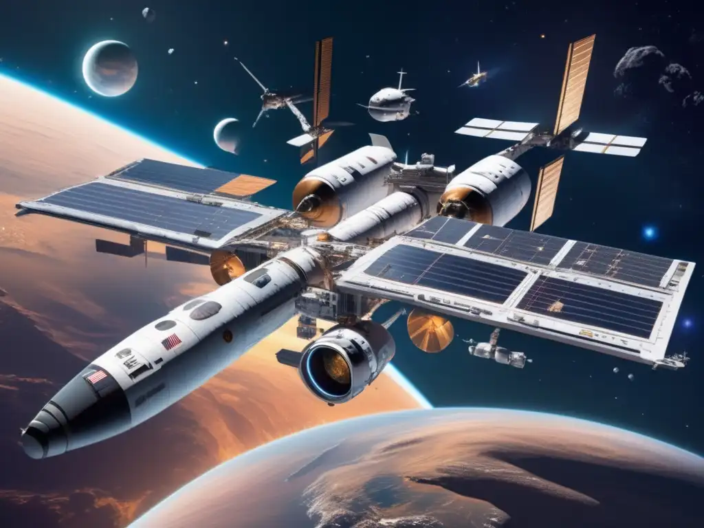 Esfuerzo internacional en el espacio Estación espacial futurista simboliza cooperación y legislación competencia asteroides