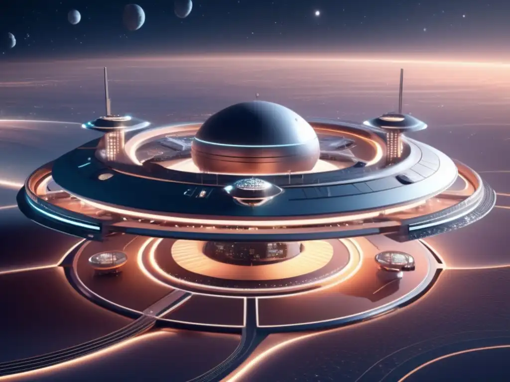 Estación espacial futurista en el espacio Estación espacial futurista con comunicaciones interplanetarias