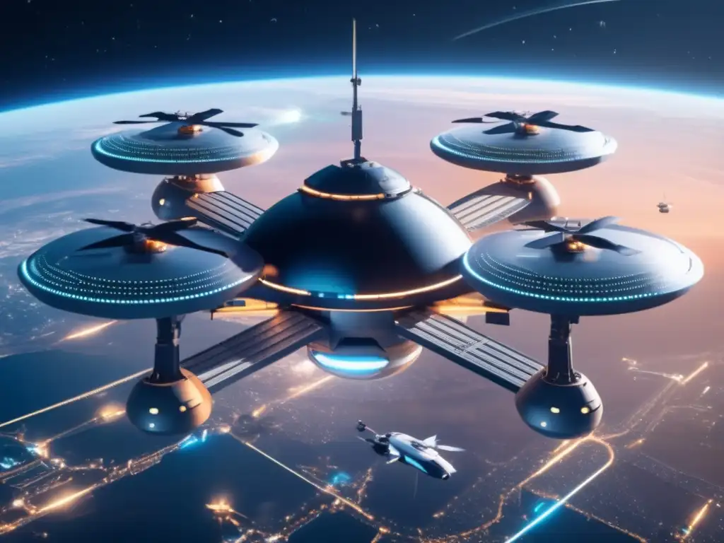 Estación espacial futurista con defensas avanzadas Estación espacial futurista con defensa planetaria contra asteroides