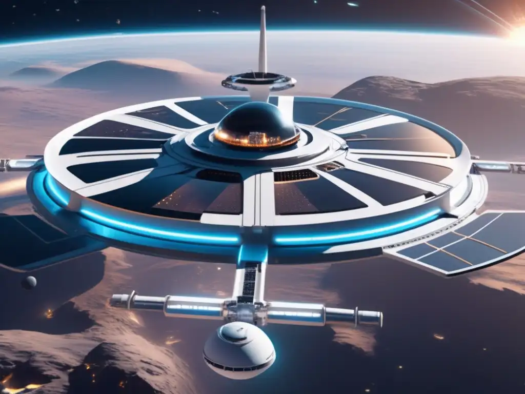 Estación espacial futurista en el espacio Estación espacial futurista recicla desperdicios espaciales como recursos