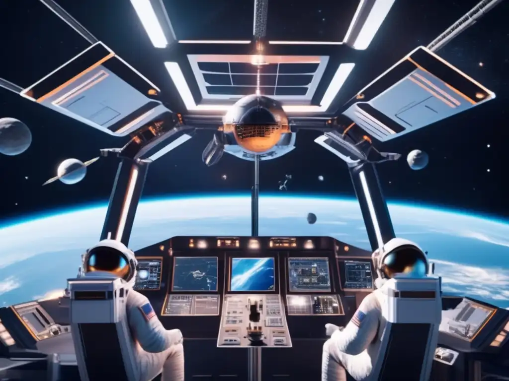 Estación espacial futurista protegiendo la Tierra Estación espacial futurista con desviación nuclear de asteroides errantes