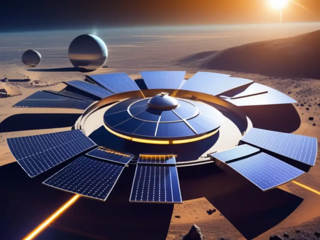 Estación espacial futurista con paneles solares brillantes Estación espacial futurista con energía solar: liderazgo en la carrera espacial