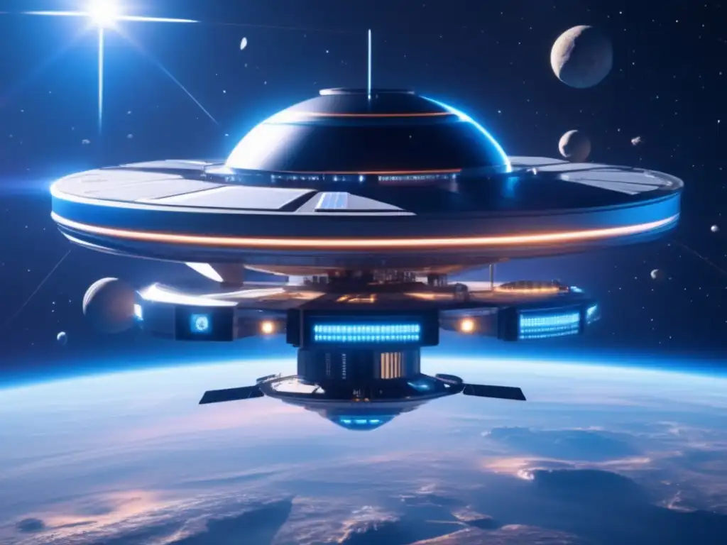 Estación espacial futurista con paneles solares y asteroides conectados Estación espacial futurista con energía solar, asteroides y exploración espacial