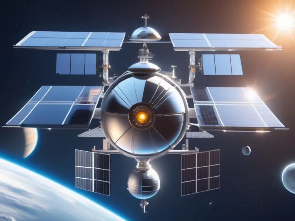 Estación espacial futurista con paneles solares Estación espacial futurista con energía solar, mostrando viabilidad de energía solar espacial