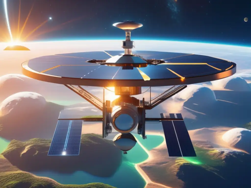 Estación espacial futurista generadora de energía solar Estación espacial futurista con energía solar, innovación y riesgos de energía solar espacial