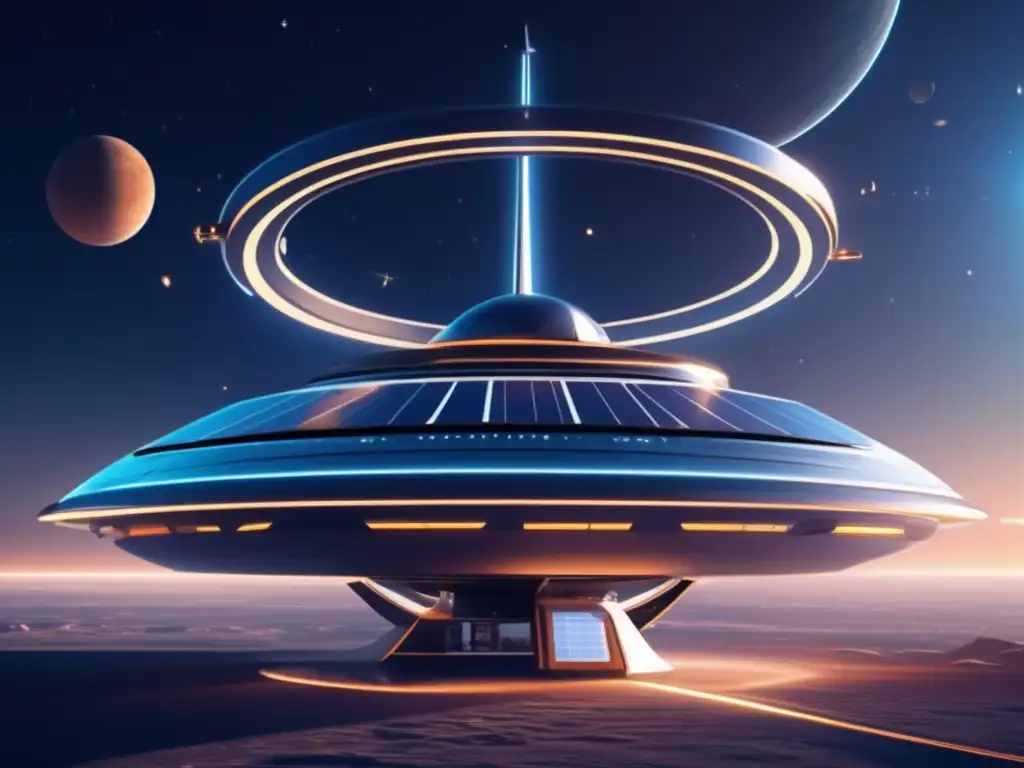Futurista estación espacial con energía solar y eólica Estación espacial futurista con energías renovables en el espacio